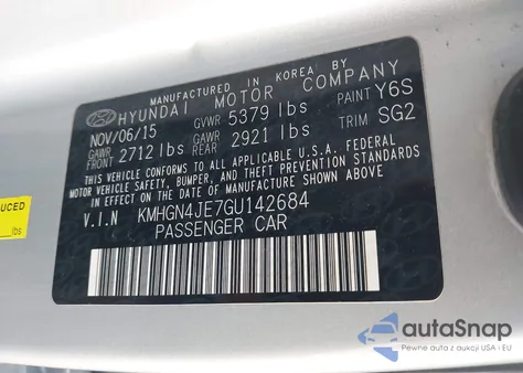 2016 Hyundai Genesis 3.8 z USA, uszkodzony, nr VIN KMHGN4JE7GU142684